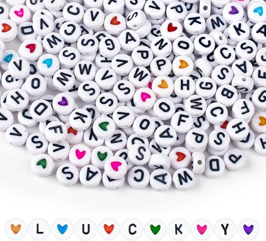 1000PCS Letter Beads, White Alphabet Beads and Colorful Heart Beads | 4x7mm A-Z Round Acrylic Beads for Threading, Ideal for for Jewellery DIY Making Crafts Bracelets Necklaces Ornaments Penda