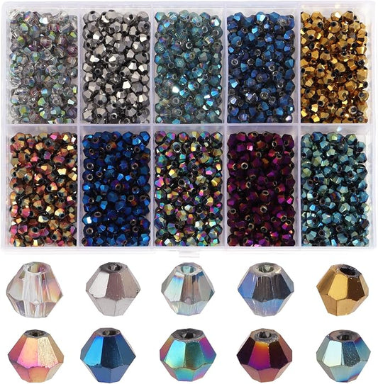 1200Pcs 4mm 10 Colors Electroplated Faceted Crystal Glass Bicone Beads Loose Bead for DIY Bracelet Necklace Earring Keychain Jewelry Making,AB Color
