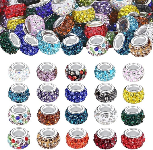 120Pcs Large Hole Beads Rhinestone European Beads for Bracelet Jewelry Making 12mm Diamond Snake Chain Supplies DIY Crafts Charm Crystal Rondelle Spacer Bead for Pens(Mixcolors)