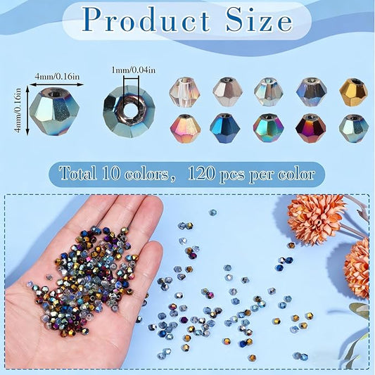 1200Pcs 4mm 10 Colors Electroplated Faceted Crystal Glass Bicone Beads Loose Bead for DIY Bracelet Necklace Earring Keychain Jewelry Making,AB Color