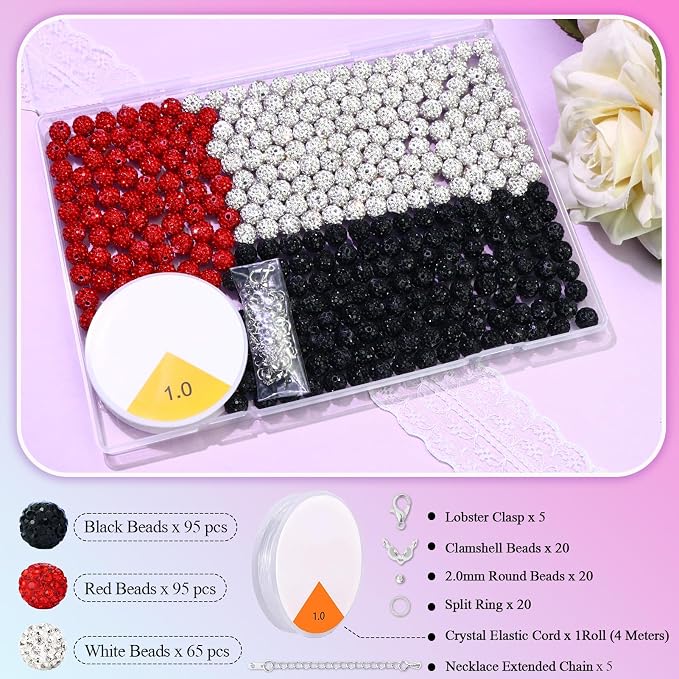 Dowarm 255PCS 10mm Rhinestone Beads for Baseball Rhinestone Necklace Bracelet Jewelry Making, Round Polymer Clay Beads for Crafts Beaded Pen, DIY Shamballa Pave Disco Diamond Bead, Black|Red|White