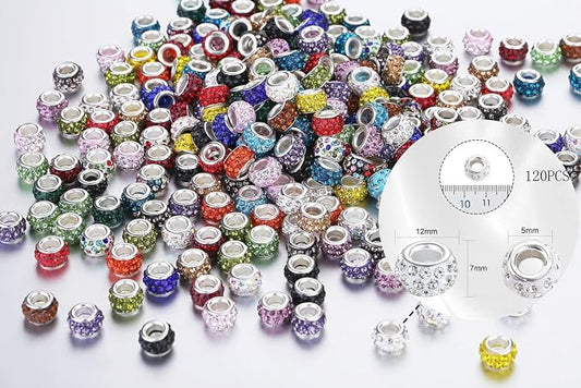 120Pcs Large Hole Beads Rhinestone European Beads for Bracelet Jewelry Making 12mm Diamond Snake Chain Supplies DIY Crafts Charm Crystal Rondelle Spacer Bead for Pens(Mixcolors)