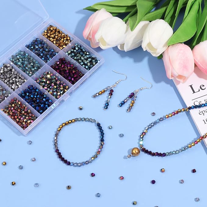 1200Pcs 4mm 10 Colors Electroplated Faceted Crystal Glass Bicone Beads Loose Bead for DIY Bracelet Necklace Earring Keychain Jewelry Making,AB Color