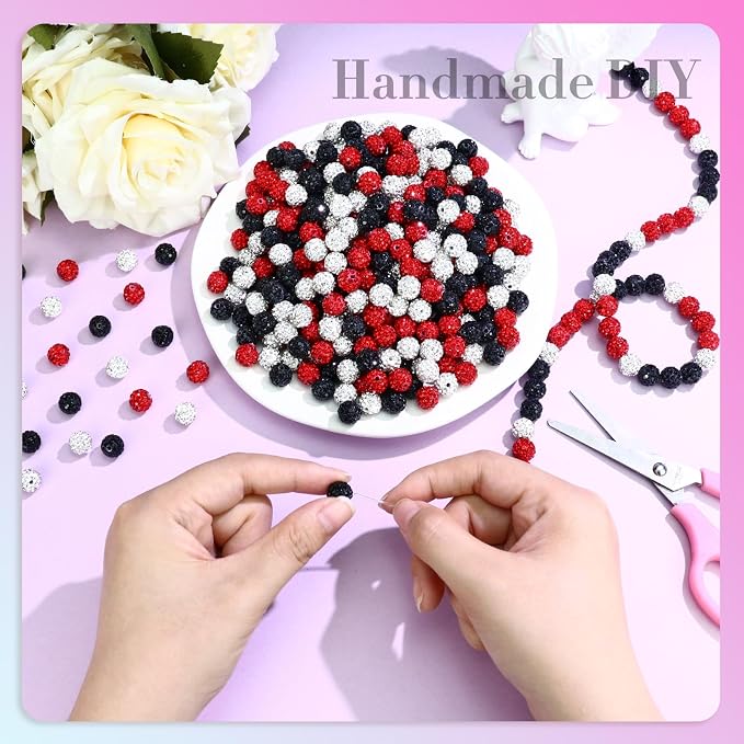 Dowarm 255PCS 10mm Rhinestone Beads for Baseball Rhinestone Necklace Bracelet Jewelry Making, Round Polymer Clay Beads for Crafts Beaded Pen, DIY Shamballa Pave Disco Diamond Bead, Black|Red|White