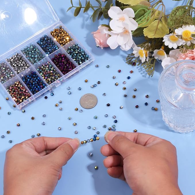 1200Pcs 4mm 10 Colors Electroplated Faceted Crystal Glass Bicone Beads Loose Bead for DIY Bracelet Necklace Earring Keychain Jewelry Making,AB Color